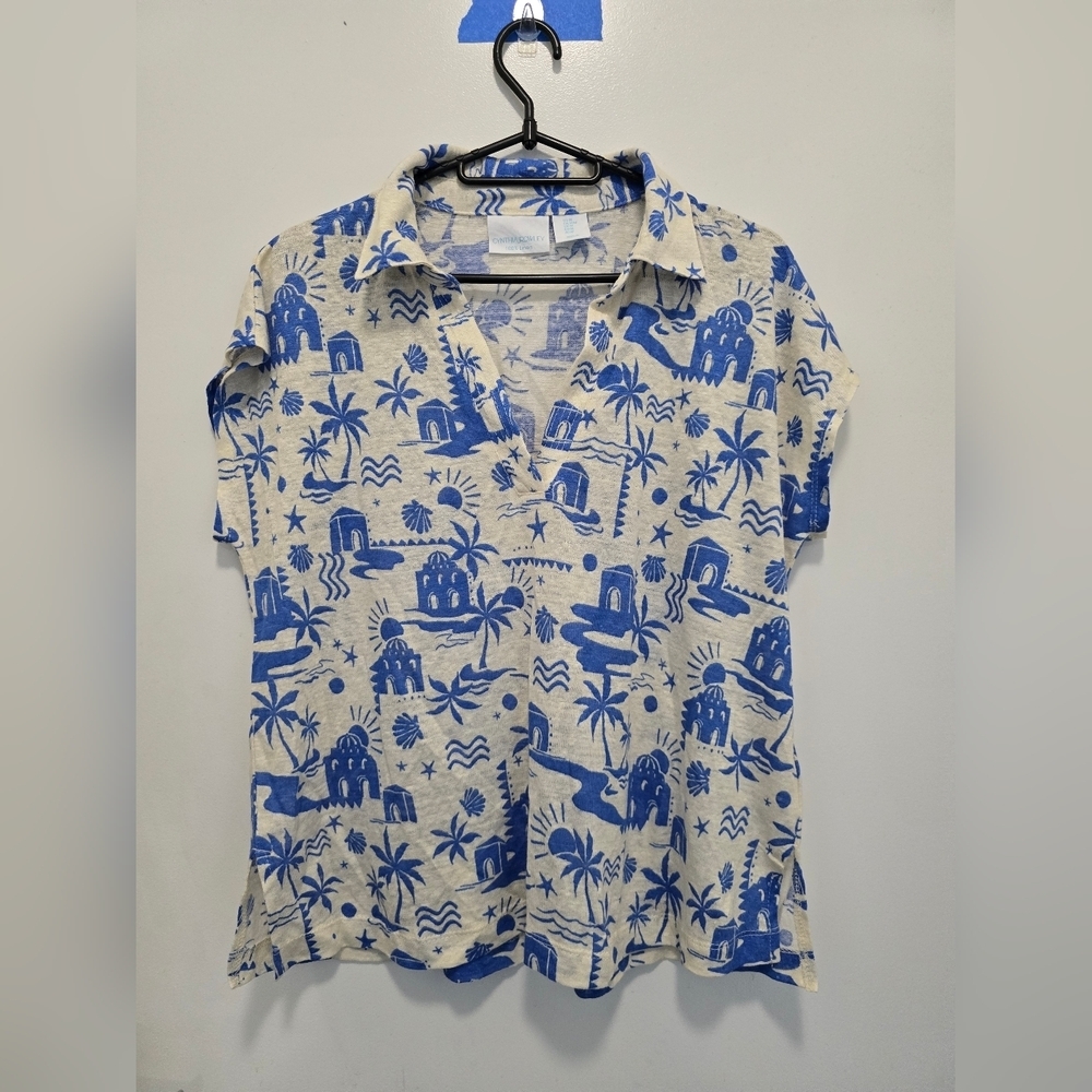 Cynthia Rowley Blue and White Island Print Blouse